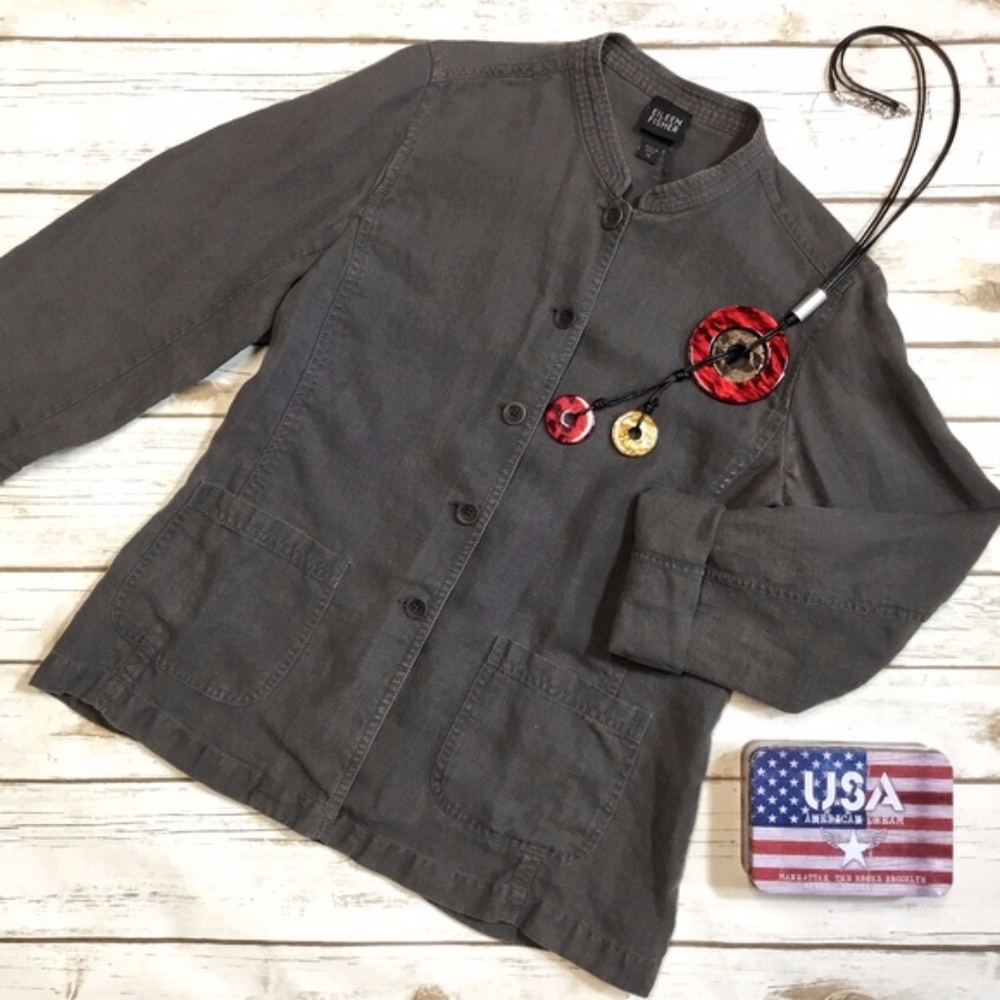 Eileen Fisher Grey Linen Mandarin Collar Jacket